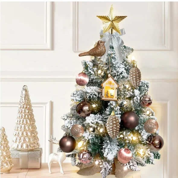 22in Mini Christmas Tree With Lights, Rose Gold Artificial Small Tabletop Christmas Tree With Flocked Snow, Exquisite Decor & Xmas Decorations For Table Top For Home & Office