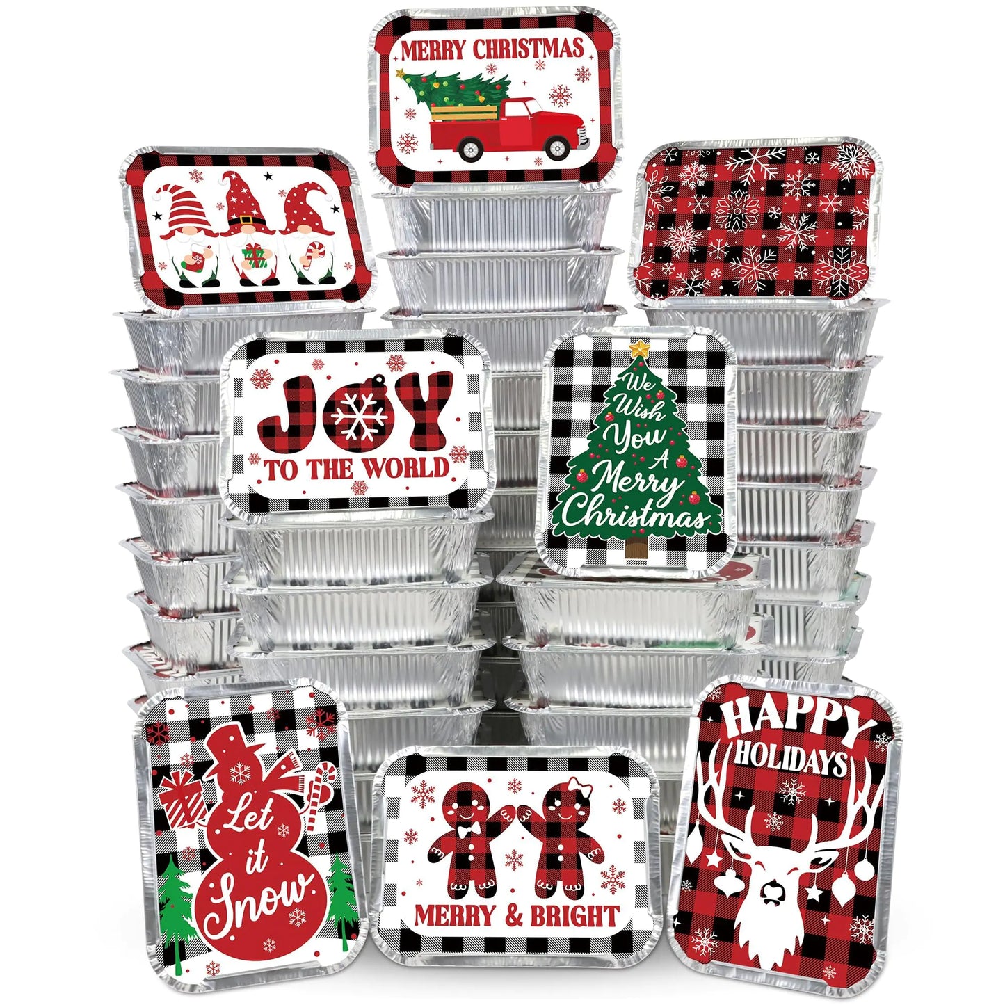 Siawoy 48Pcs Christmas Aluminum Food Containers with Lids 8 Christmas Buffalo Plaid Designs Christmas Treat Containers Christmas Cookie Tins with Lids Disposable Christmas Leftover Containers