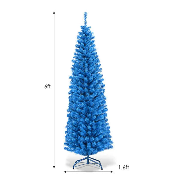 6FT Artificial Christmas Tree - 520 Branch Tips, Blue Pencil Shape Design, Eco-Friendly PVC Sturdy Metal Stand