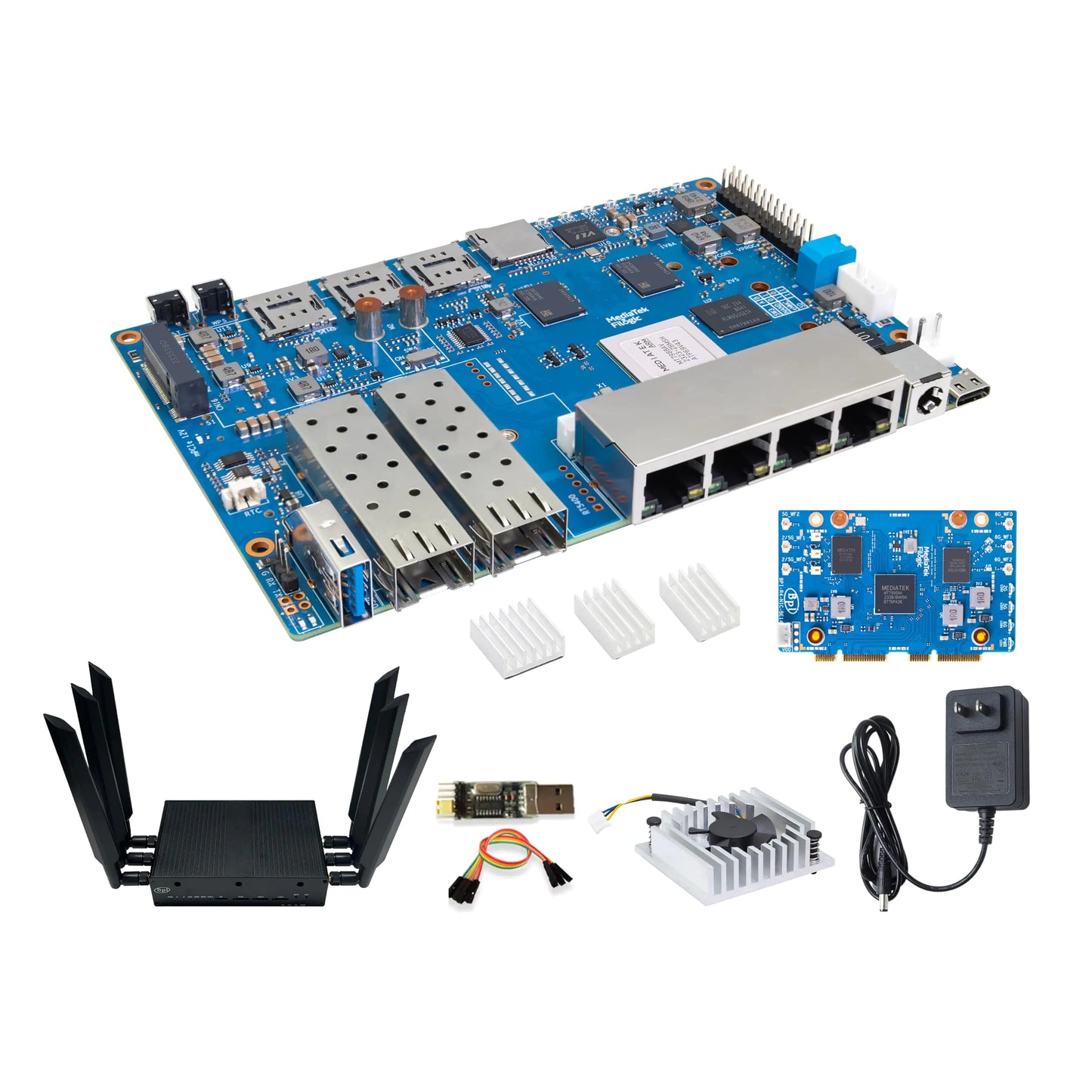Banana Pi BPI-R4 WiFi 7 Wireless Dual-Band WiFi Router Board OpenWRT with MediaTek MT7988A (Filogic 880) SoC Support 2X 10GbE SFP and 4X GbE Gigabit Ethernet for NAS Smart Home Gateway (Bundle3)