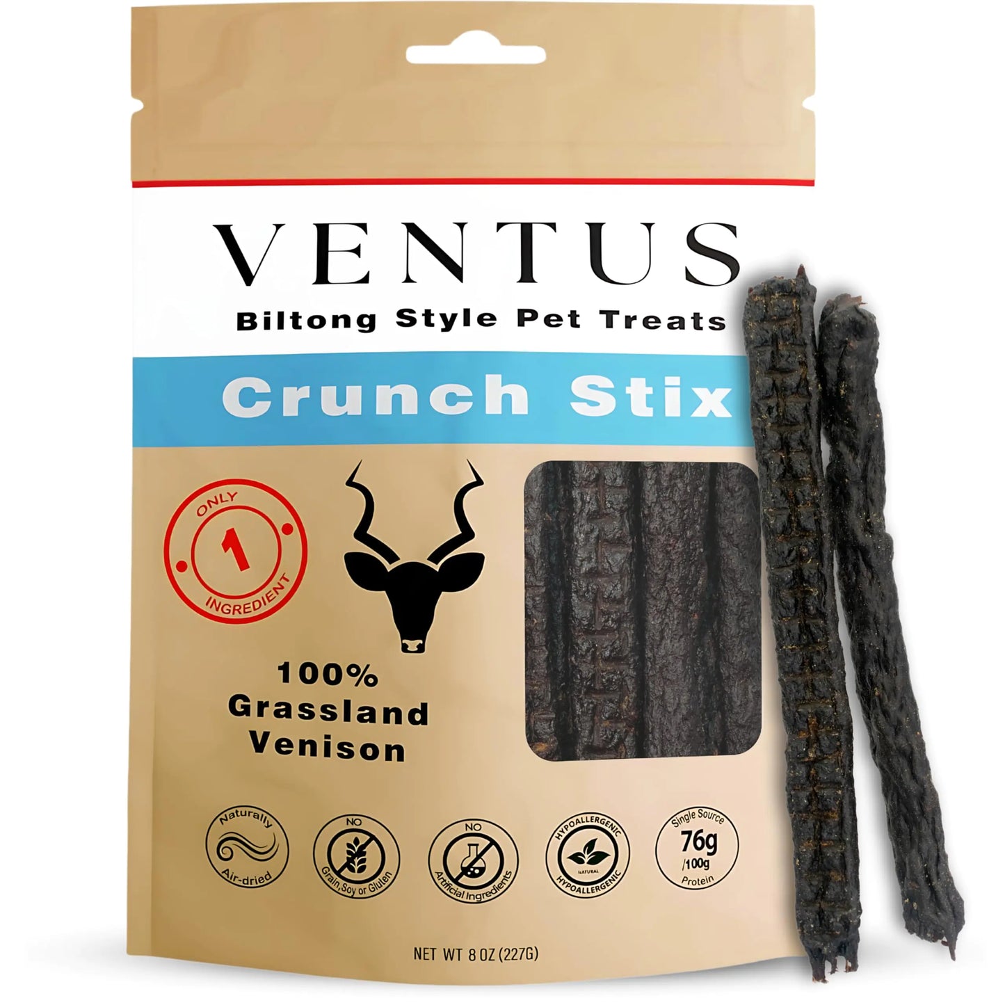 VENTUS Jerky Crunch Stix – All Natural Wild Venison Treats Healthy Single-Ingredient Raw Air-Dried High Protein Stick No Additives Grain Free Treat or Training Reward for Dogs 8 oz