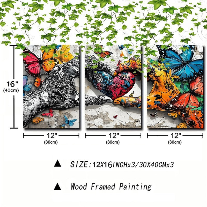Framed 3pcs Graffiti Holding Hands Love Heart Canvas Wall Art Fashion Love Poster Painting Prints For Home Dining Room Living Room Wall Decor Artwork--Selling On Temu Is Prohibited