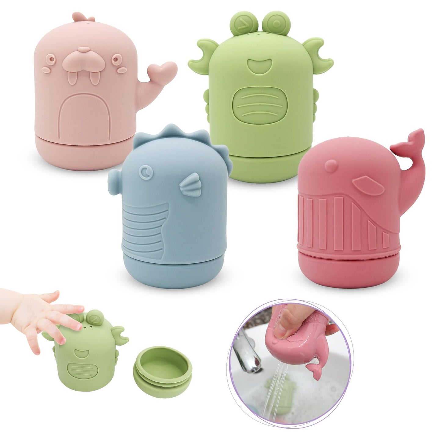 Baby Water Shower Toys Set, Bath Water Toys, Parent-child Interactive Toys, 4 Pieces --ocean Color- Safe Soft Rubber Material, The Bath Does Not Cry, Let The Baby Love The Bath