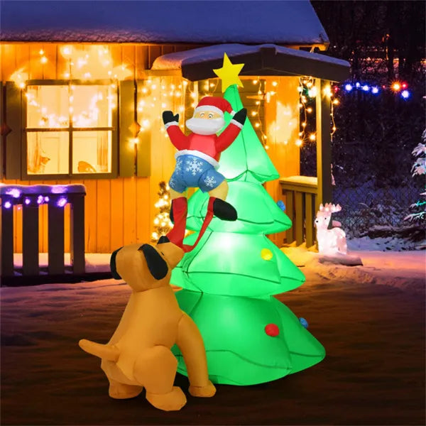 79" Inflatable Christmas Tree - Santa & Puppy Design, Built-in LEDs, Waterproof Polyester, Quick Inflation