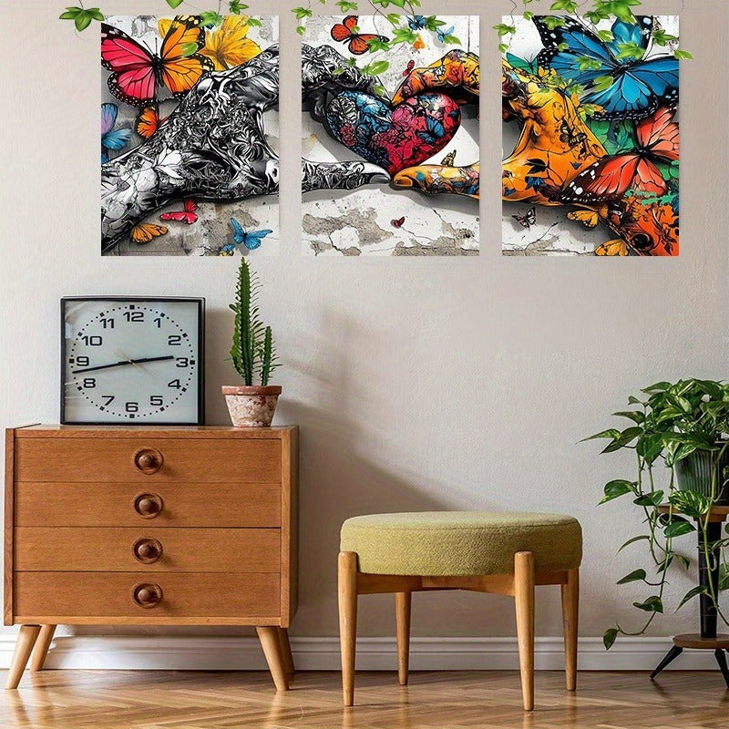 Framed 3pcs Graffiti Holding Hands Love Heart Canvas Wall Art Fashion Love Poster Painting Prints For Home Dining Room Living Room Wall Decor Artwork--Selling On Temu Is Prohibited