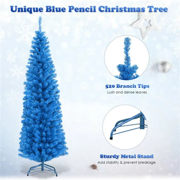 6FT Artificial Christmas Tree - 520 Branch Tips, Blue Pencil Shape Design, Eco-Friendly PVC  Sturdy Metal Stand