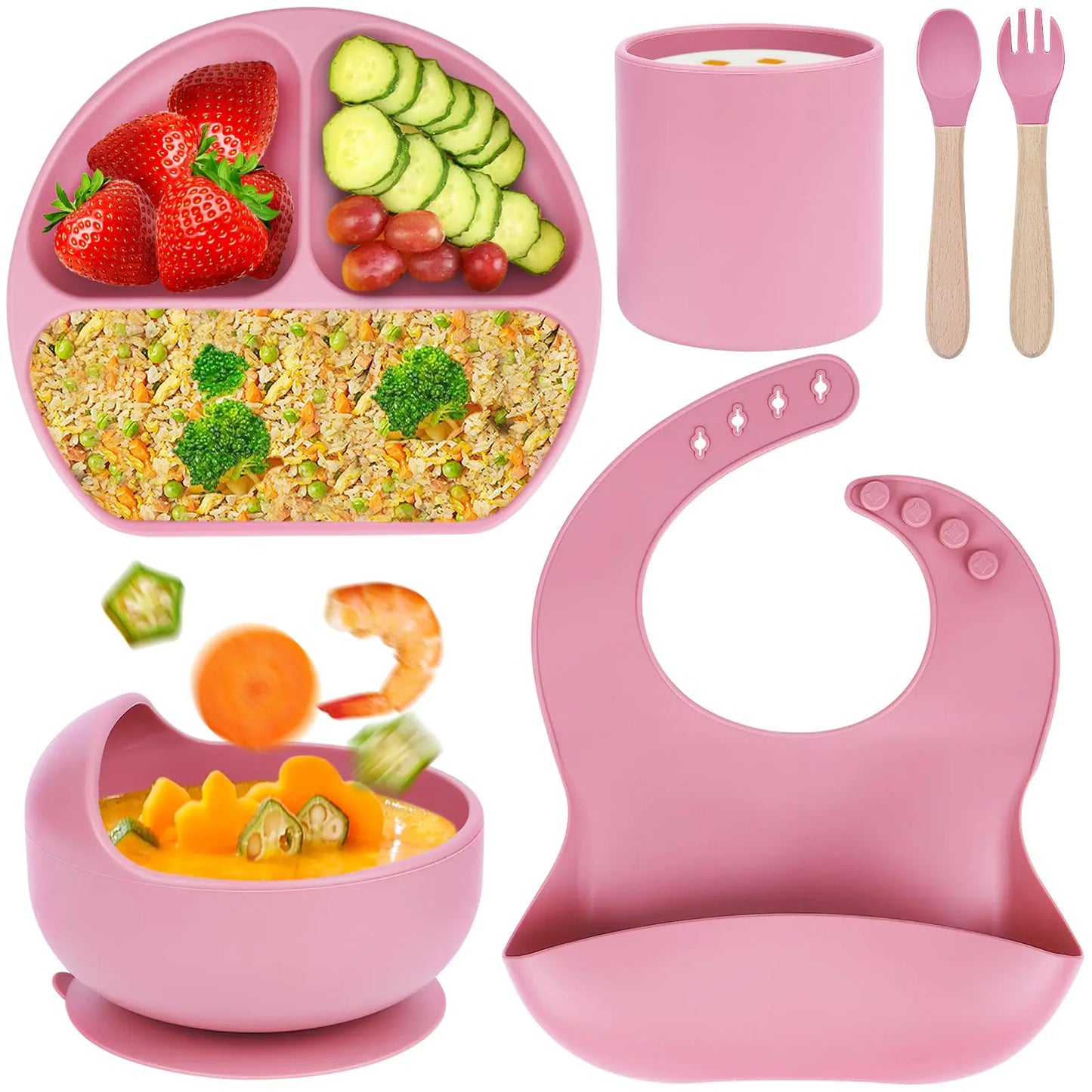 Silicone Baby Feeding Set|6 pcs Premium BPA-Free Baby Led Weaning Supplies with Suction Plates and Bowls Settoddler self feeding Utensils with SpoonsBibsCups|Baby feeding essentials for 6+ Months