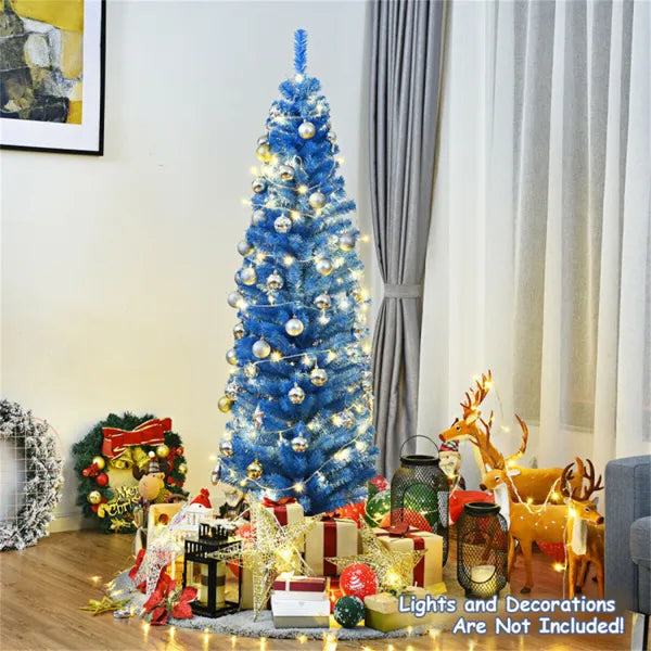 6FT Artificial Christmas Tree - 520 Branch Tips, Blue Pencil Shape Design, Eco-Friendly PVC  Sturdy Metal Stand