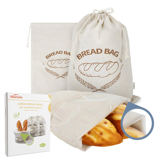 Sharmila Linen Bread Bag3 Pack Bread Bags for Homemade Bread17.7×13.8 Reusable Organic Linen Sourdough Bread Bags Large Bread Bags for Bread Storage - with Plastic Lining to Keep Bread Fresh
