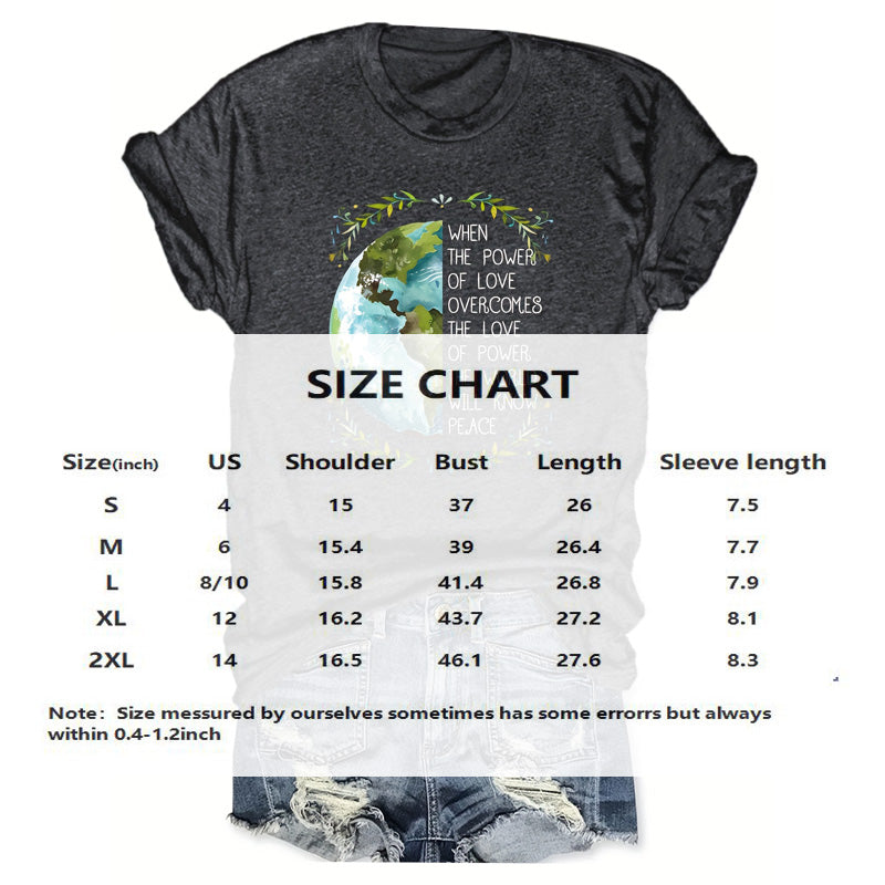 Women's Earth & Peace Slogan T-Shirt - 'Love Power & Green Earth' Print Casual Tee, Eco-Friendly Short Sleeve Crew Neck Top