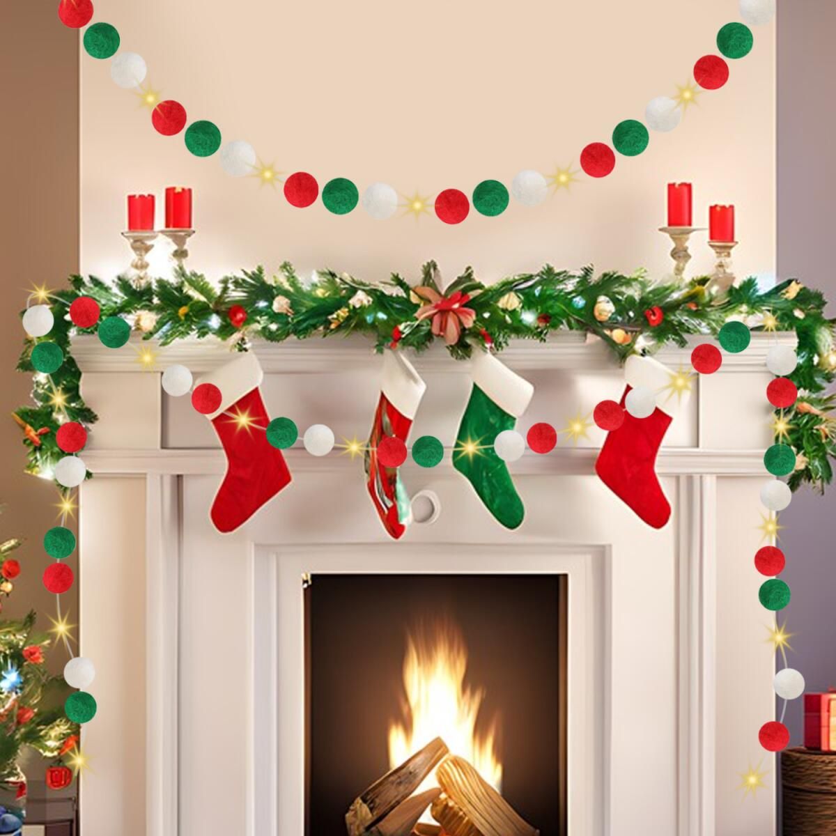 9.84 Ft Felt Ball Garland With Warm Light String Christmas Pom Pom Garland Red Green White 1 Inch Pompoms DIY Unique Hanging Bunting Banner For Xmas Tree Fireplace Wall Home Decor