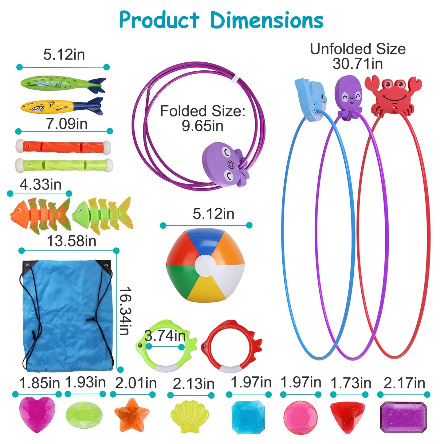 Set Of 24Pcs Diving Toys Swimming Pool Toys Swim Toys For Kids Above Aged 3 Years Old Swim Thru Rings Torpedoes Gems Volleyball Storage Bag