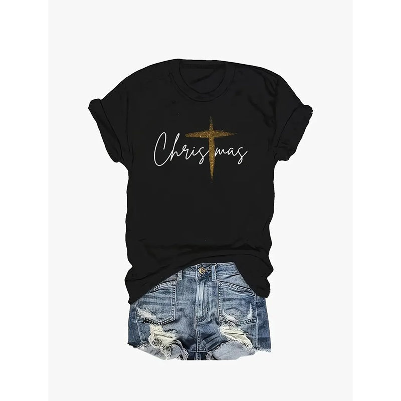Women Cross Christmas Graphic Short Sleeve Tee Tops Christian Faith T-Shirt