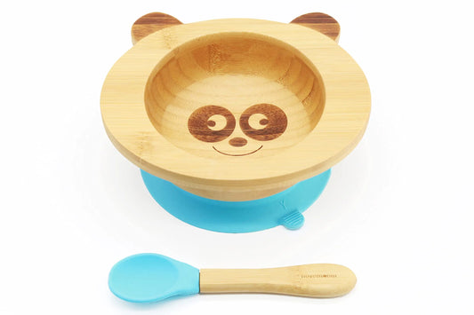 Suction Bowls for Baby- Baby Bowls with Suction- Kids Bowls and spoon set- Bamboo baby bowls set- Suction Baby Bowl- Baby BPA Free Bowls- Toddler Bowls Suction- LED Weaning Silicone Baby Spoons (blue)