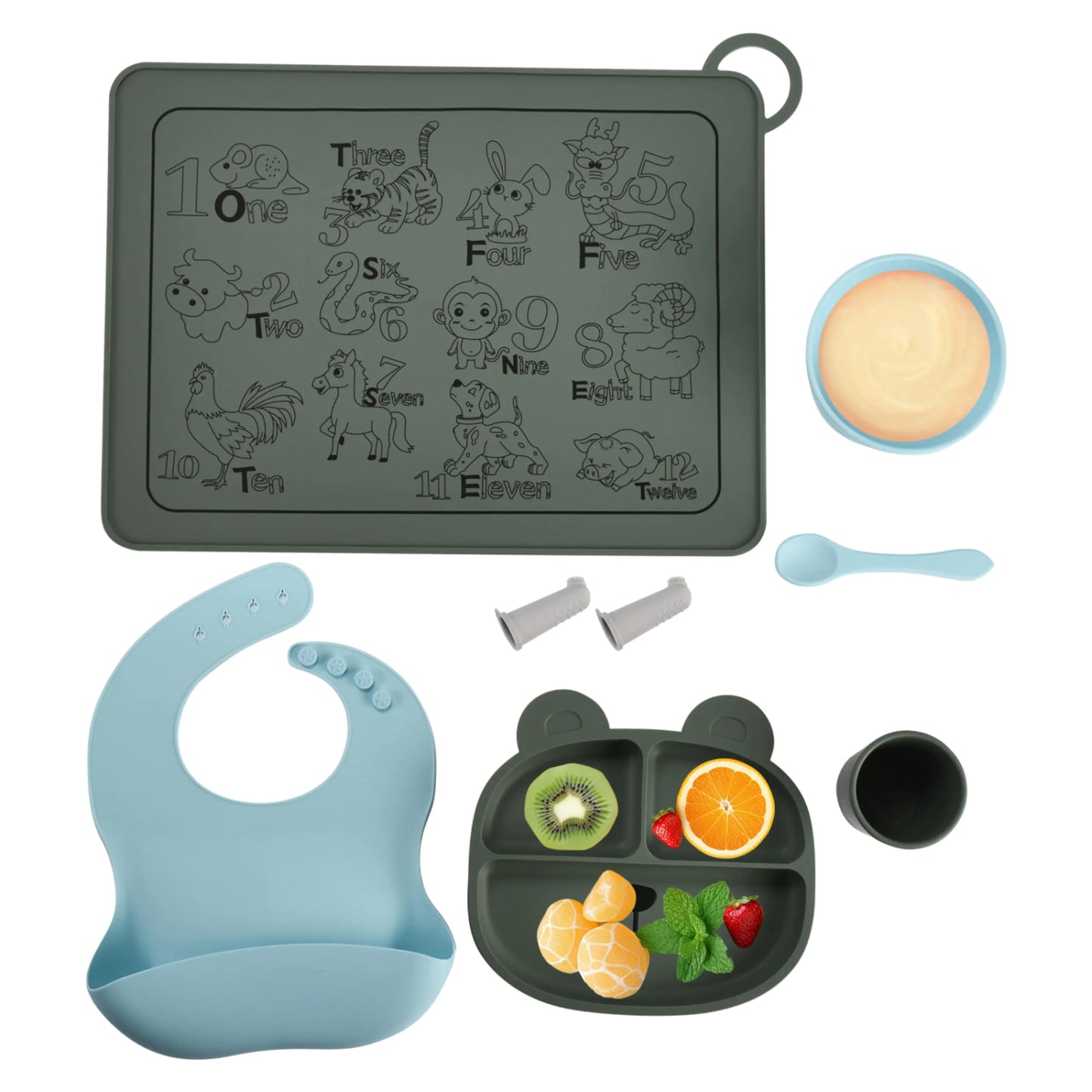 CHILDLIKE BEHAVIOR Silicone Baby Feeding Set - Baby Plates And Bowls Set - Toddler Self Feeding Eating Utensils - Baby Led Weaning Supplies - Tableware Set for Toddler - Baby Feeding Essentials