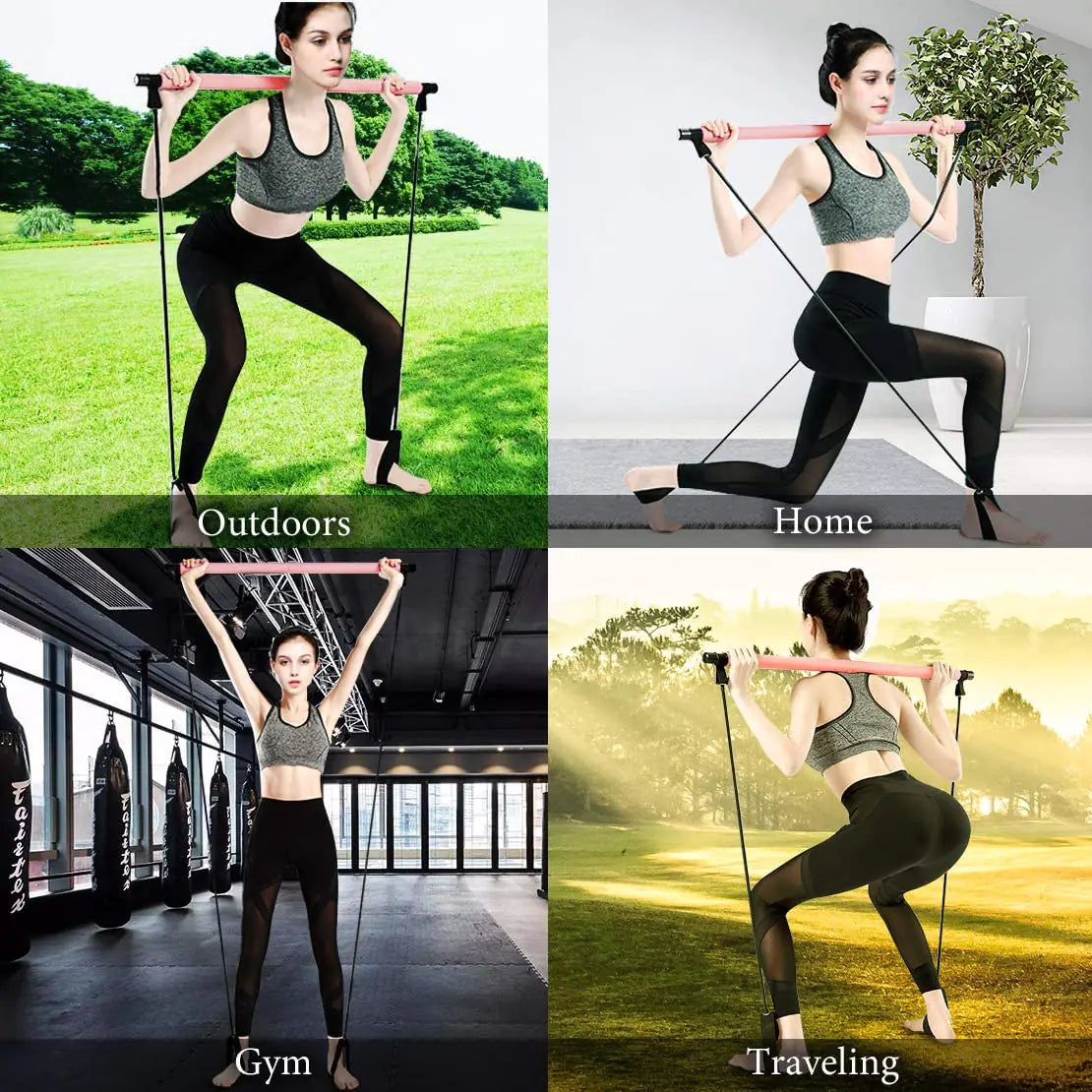Portable Yoga Pilates Stick with Resistance Band for Workouts