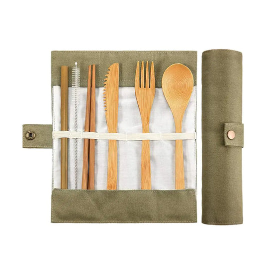 Eco-Friendly Children's Bamboo Cutlery Set with Canvas Bag