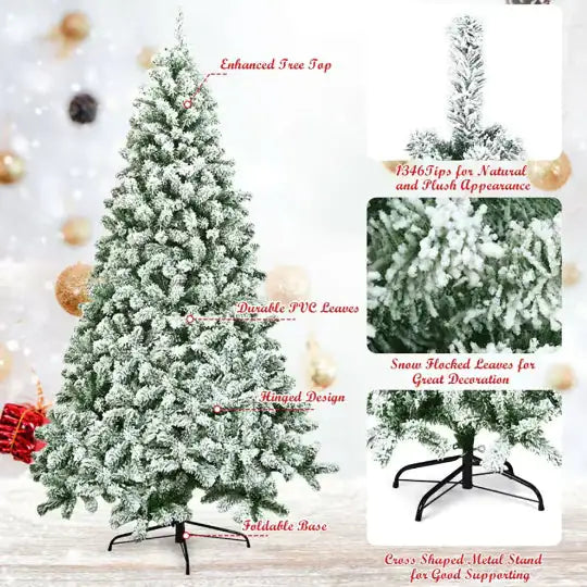 1 Pc 7.5 Feet Snow Flocked Artificial Christmas Tree Hinged With 1346 Tip And Foldable Base