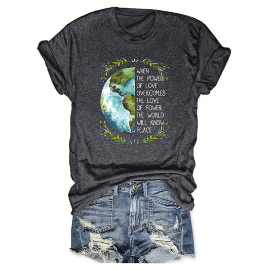 Women's Earth & Peace Slogan T-Shirt - 'Love Power & Green Earth' Print Casual Tee, Eco-Friendly Short Sleeve Crew Neck Top