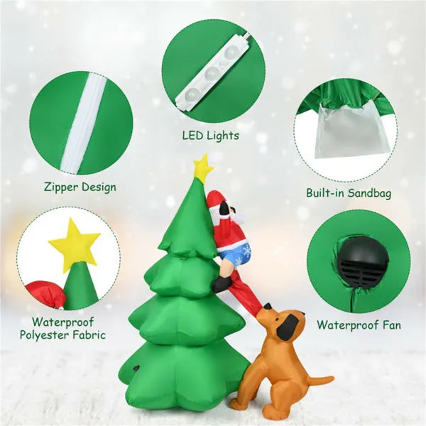 79" Inflatable Christmas Tree - Santa & Puppy Design, Built-in LEDs, Waterproof Polyester, Quick Inflation