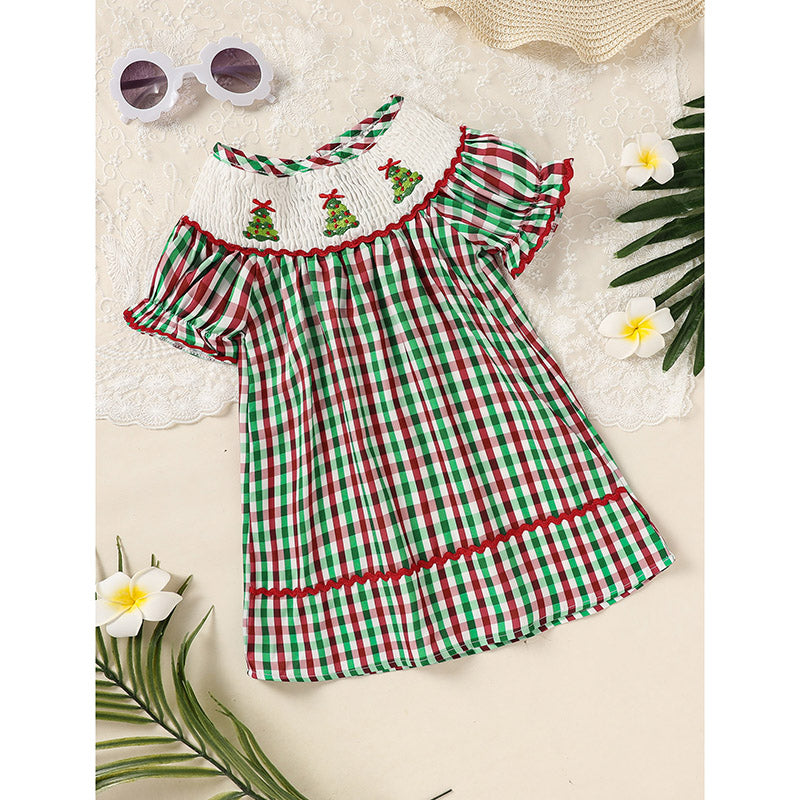 Toddler Infant Baby Girls Christmas Dress Short Sleeve Christmas Tree Embroidered Plaid Casual Party Dresses