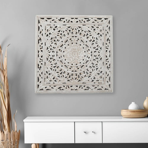 White Square Shape Handcrafted Wooden Wall Decor Elegant Home Accent