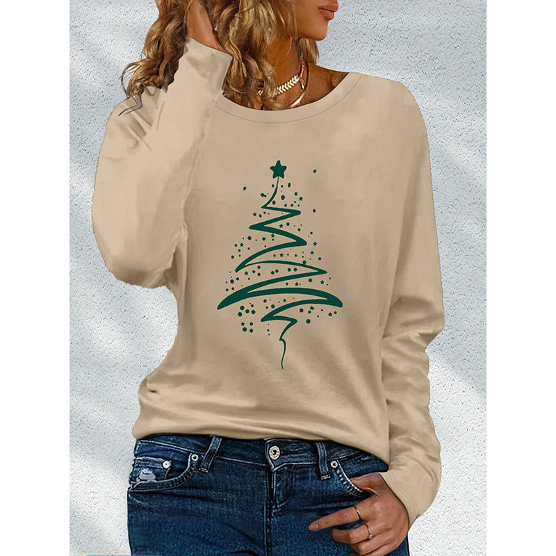 Women's Long Sleeve Merry Christmas T-Shirt, Cute Christmas Tree Graphic Tee, Funny Holiday Party Top