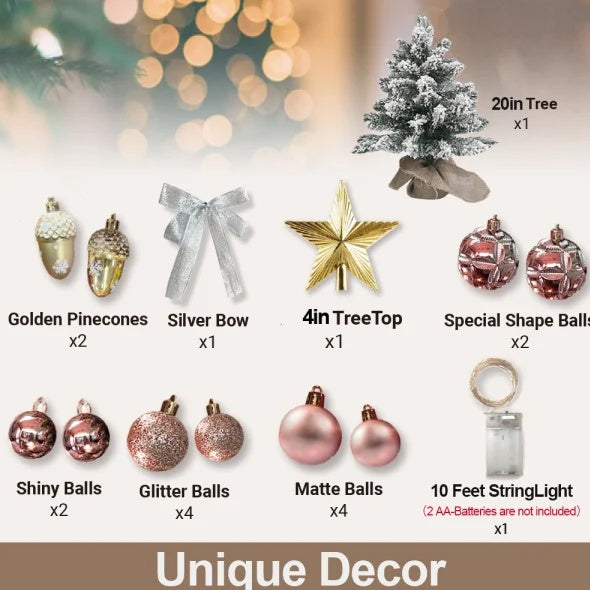 22in Mini Christmas Tree With Lights, Rose Gold Artificial Small Tabletop Christmas Tree With Flocked Snow, Exquisite Decor & Xmas Decorations For Table Top For Home & Office