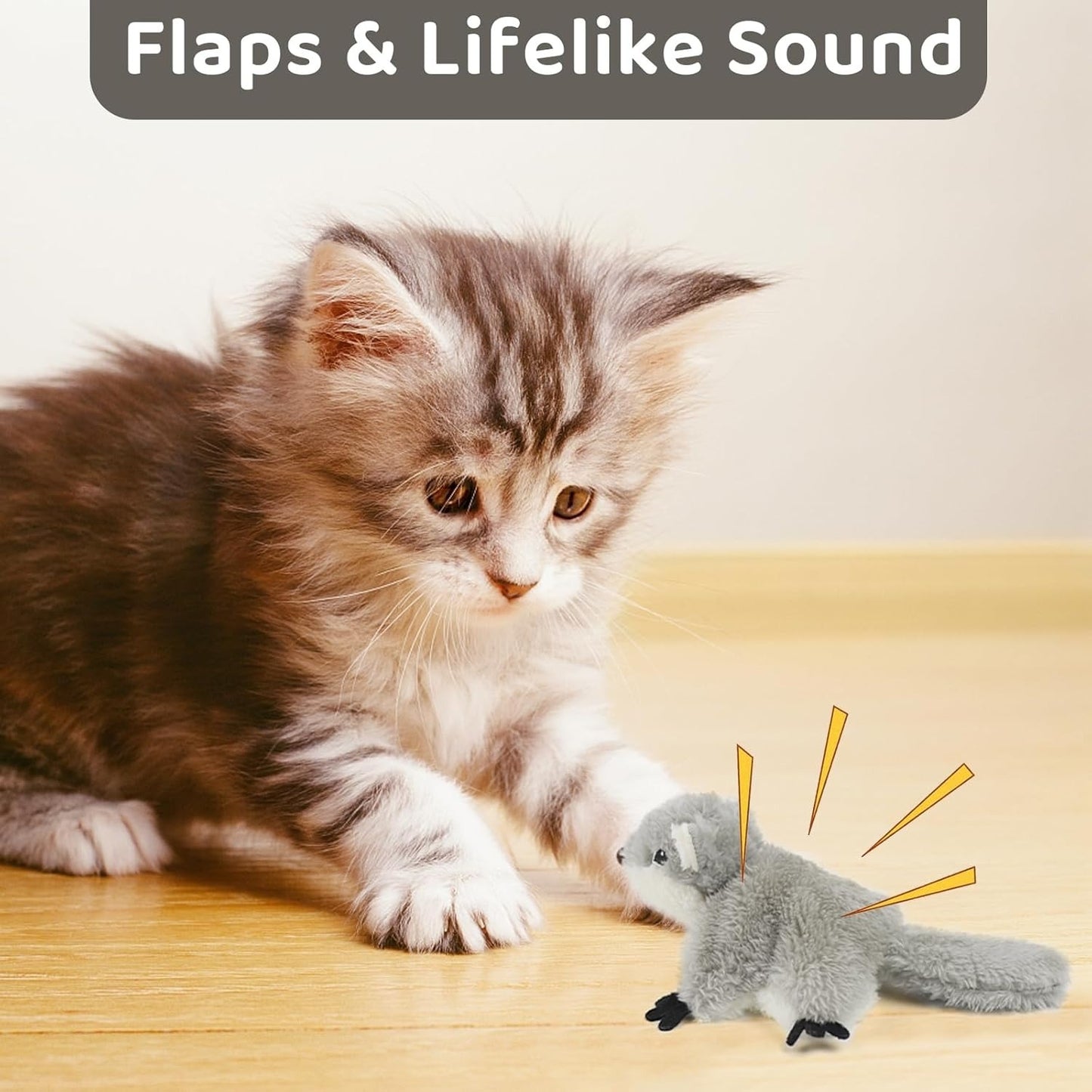 Pet Toys Cat Catnip Toys Flapping Squirrel, Rechargeable Touch Activated Kitten Toys, Lifelike Interactive Cats Toy Indoor, Cat Kicker Plush Toys For All Breeds Universal Interactive Toy Cat T