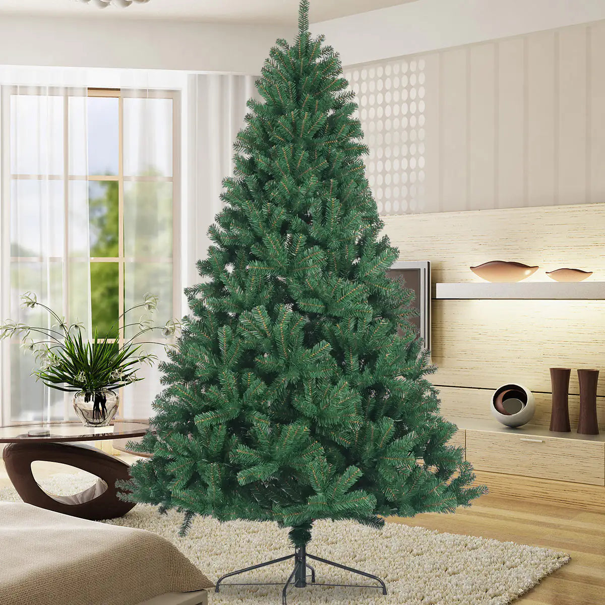 Artificial Christmas Tree All Natural Spruce PVC Fir Tree 7.5 Foot Collapsible Metal Stand Unlit Green