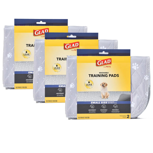 GLAD for Pets Washable Training Pads Small Size (18”x24”) 6 Pack Gray with Paw Prints| Re-usable Cloth Dog Training Pads with 3 Layers of Leak Protection and No Slip Grip Vinyl Bottom