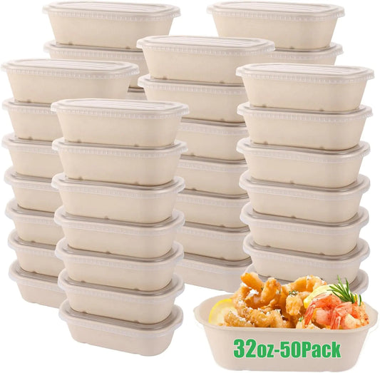 GBACHOOSE [50-Pack 32Oz Disposable Paper Meal Prep Containers with Lids Cardboard Meal Prep Containers with Lids Take Out Food Containers with Lids for Milk Cereals Snacks Salads