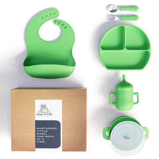 mimi & kiki BPA-Free Silicone Baby Feeding Set Baby Plates and Bowls Set Baby Led Weaning Supplies Silicone Suction Plate Baby Utensils Bib and Cup Self Feeding Dishwasher Safe (Green)