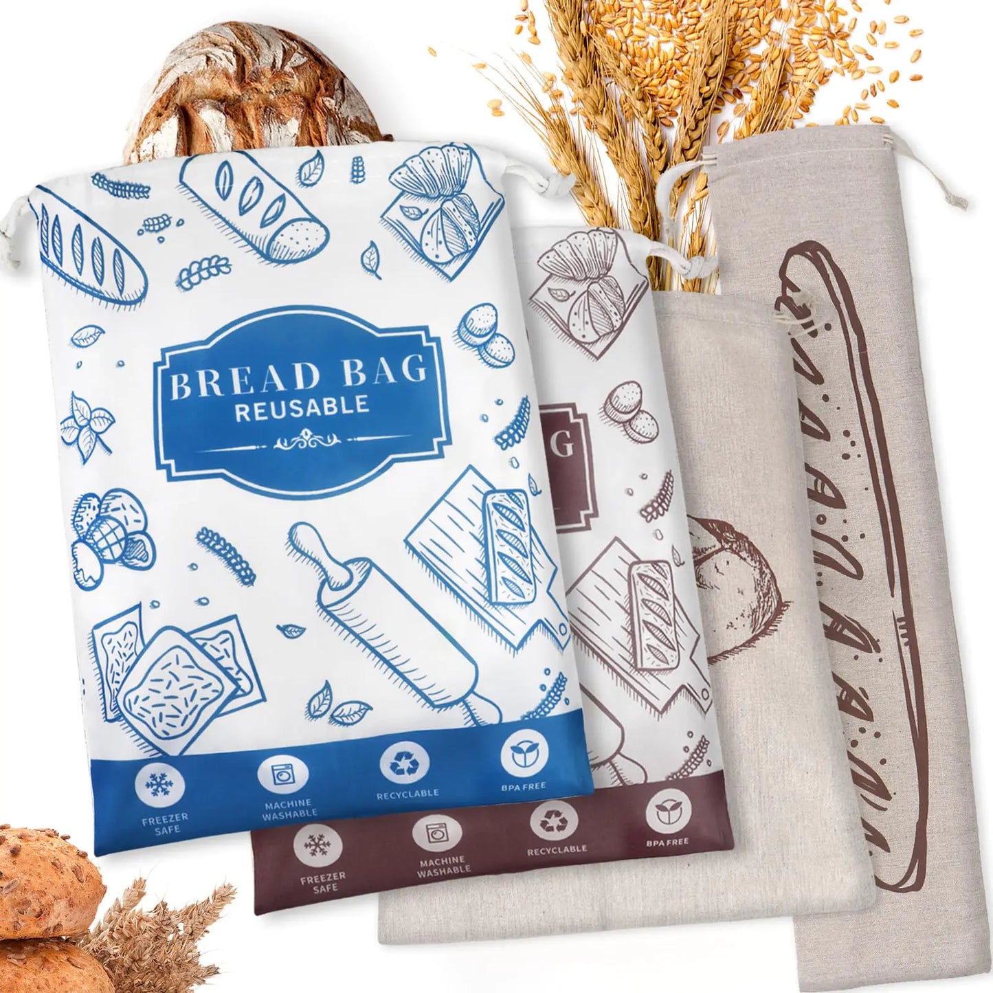 4-Pack Bread Bags for Homemade Bread Reusable Sourdough Bread Storage Bags with TPU Lining for Loafs Baguette Fresh KeepingFreezer Bread Keeper Homesteading Essentials and Baking Gifts.